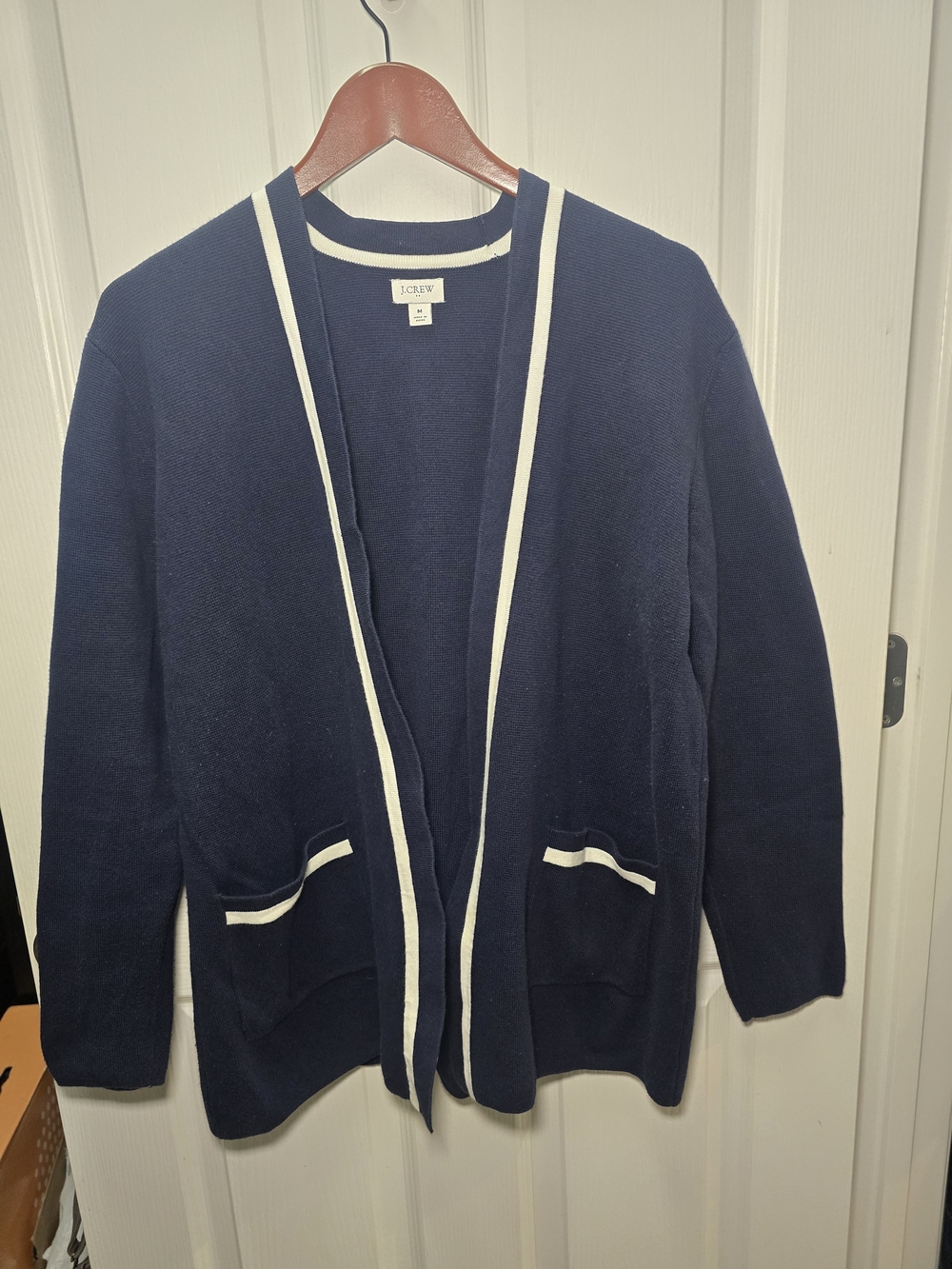 J. Crew Navy Open-Front Cardigan with White Trim Old Money